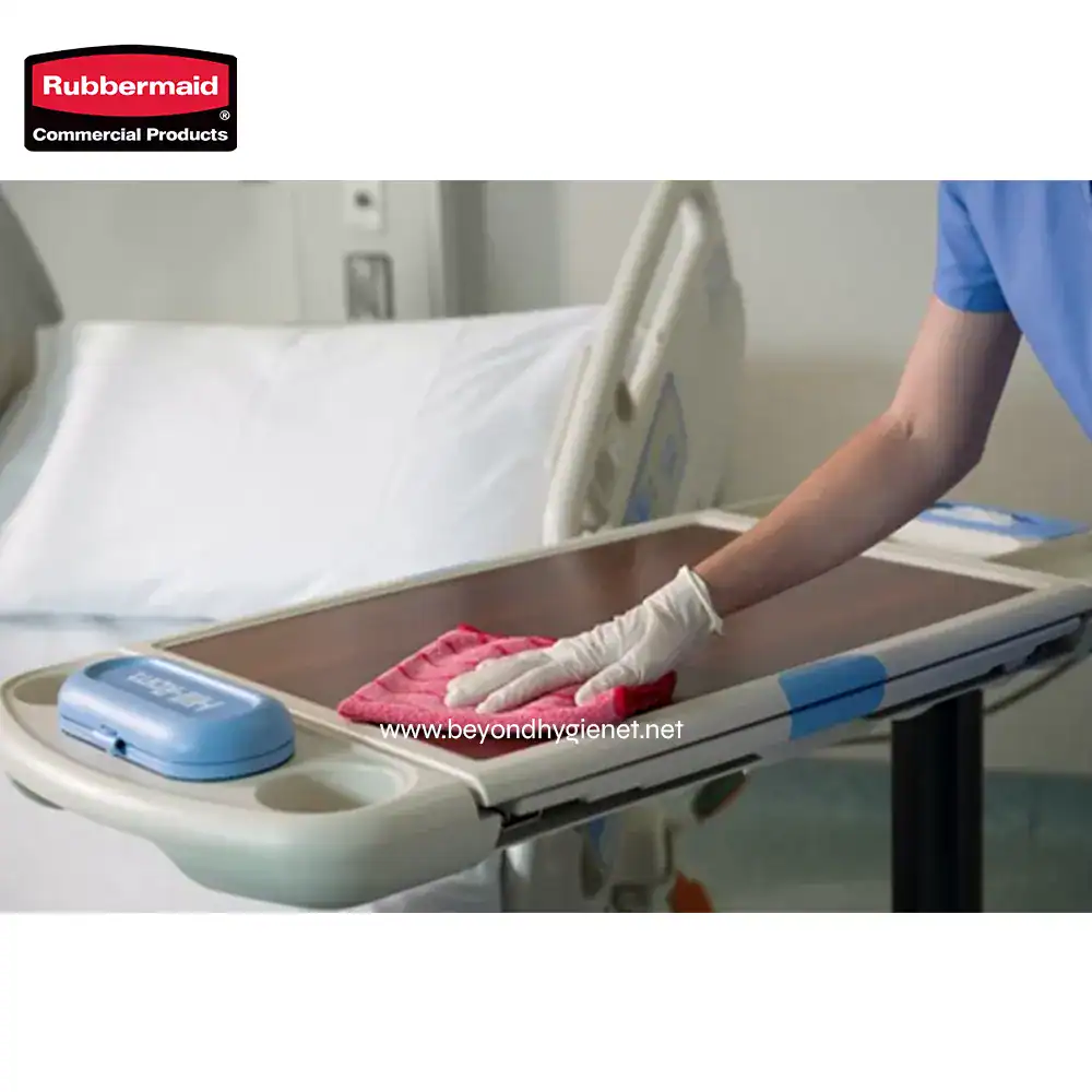 3 Rubbermaid hospital bed with cleaning equipment for healthcare sanitation and infection control.