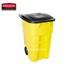 Yellow commercial waste bin with black lid for industrial sanitation and trash disposal.
