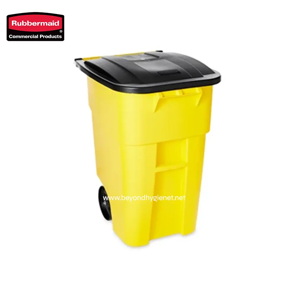 3 Yellow commercial waste bin with black lid for industrial sanitation and trash disposal.