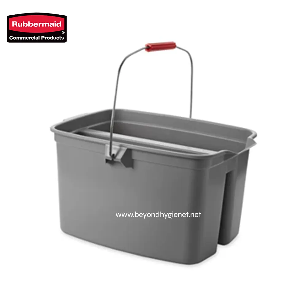 3 Rubbermaid commercial cleaning bucket with wringer, gray anti-slip plastic, professional-grade cleaning tool for janitorial and sanitation use.