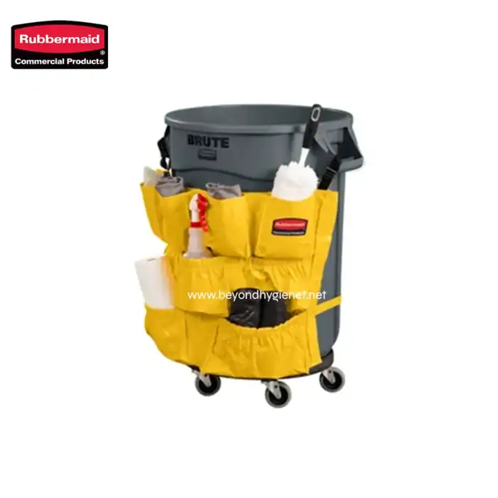 Rubbermaid janitorial cleaning cart with multiple pockets and tools, ideal for commercial cleaning services in Asia.