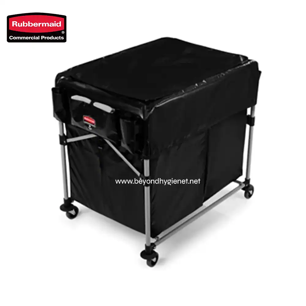 3 Rubbermaid commercial laundry cart with protective cover, durable steel frame, four wheels, ideal for commercial cleaning and laundry management.