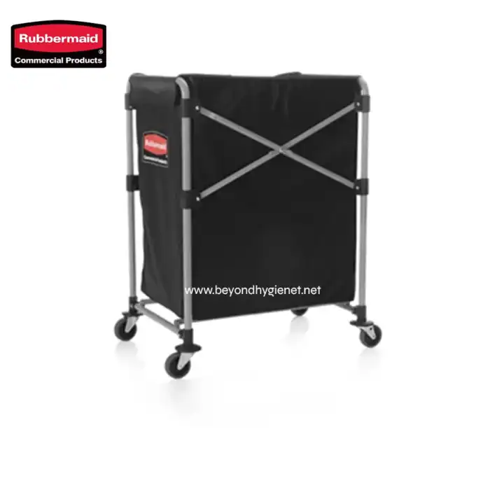 Rubbermaid commercial cleaning trolley with black fabric and wheels for janitorial supply storage.