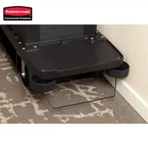 Rubbermaid commercial cleaning cart with wheels and a built-in platform for hygiene and sanitation tasks.