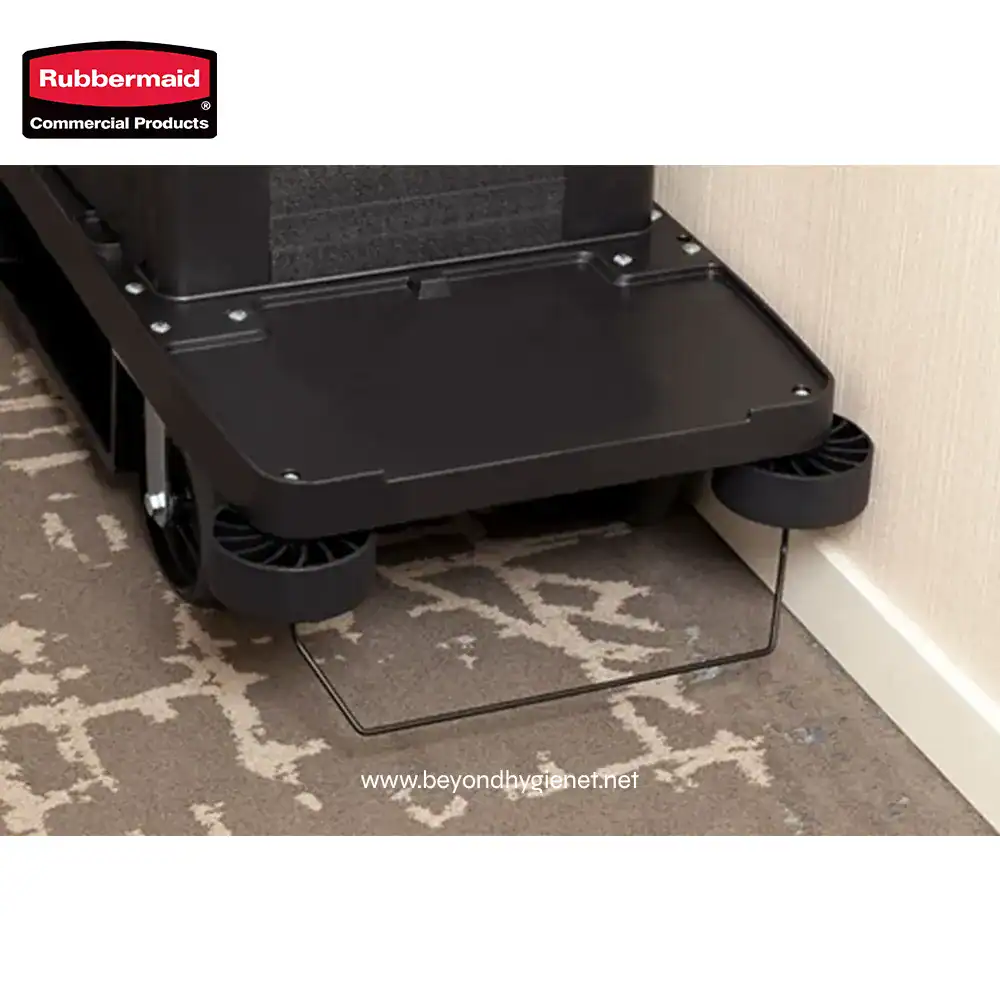 3 Rubbermaid commercial cleaning cart with wheels and a built-in platform for hygiene and sanitation tasks.