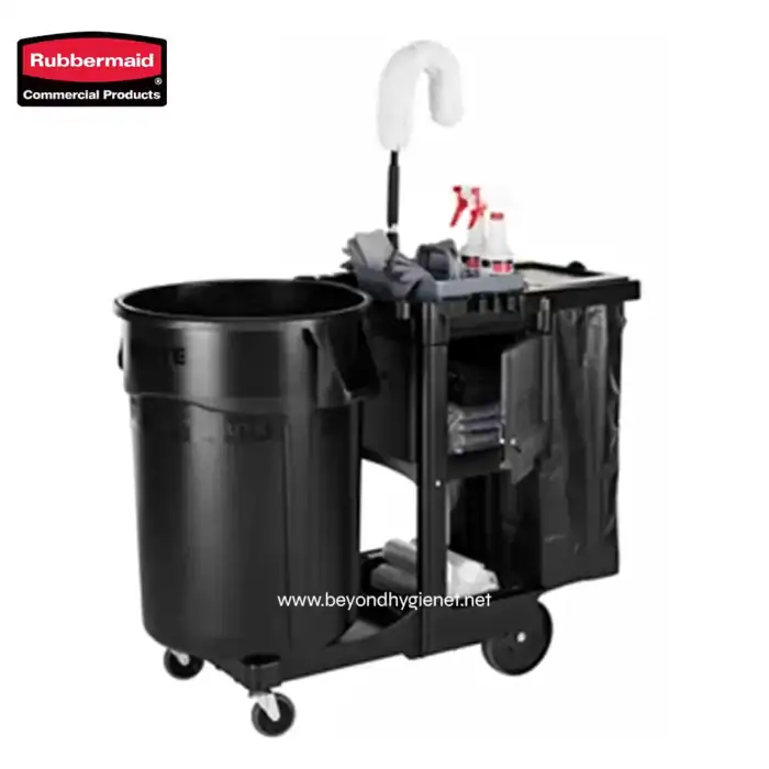 Flexible cleaning cart with mop and disinfectant spray bottles for commercial hygiene and sanitation in Asia.