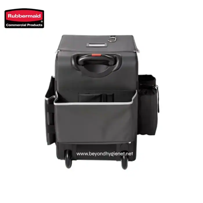Rubbermaid commercial cleaning cart for hygiene and sanitation needs, ideal for Asia markets, featuring durable construction and storage compartments.