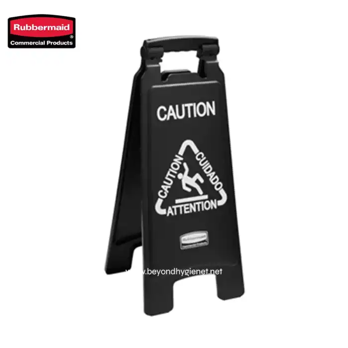 Caution wet floor sign with warning symbols, used for safety in cleaning and sanitation at Beyond Hygiene Asia.