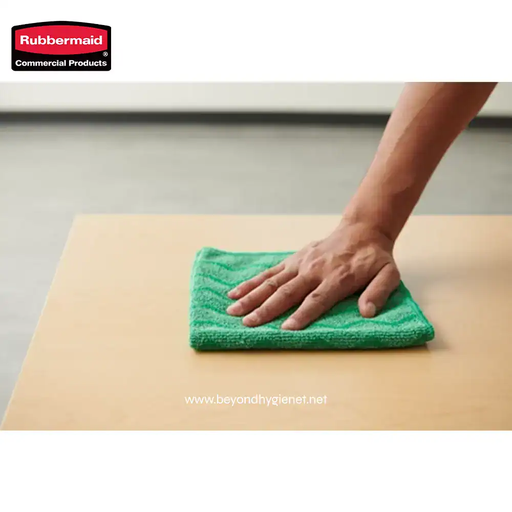 3 Rubbermaid cleaning cloth, green microfiber cleaning towel for hygiene and sanitation, professional cleaning supplies for commercial use.