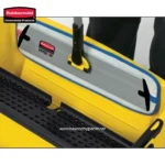 Rubbermaid Hygen cleaning tool with sturdy handle mounted on yellow cleaning cart, designed for commercial cleaning, janitorial, and hygiene maintenance purposes.