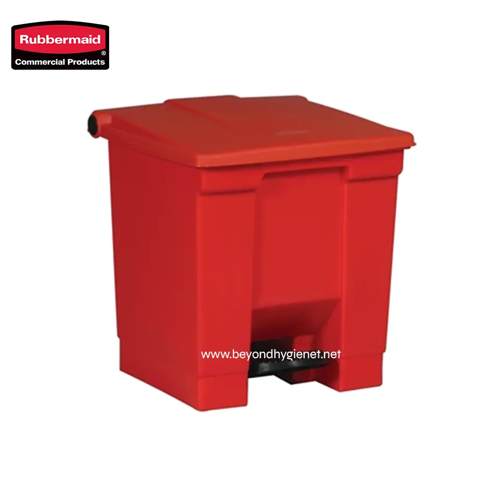 3 Rubbermaid red commercial waste bin with foot pedal for hands-free trash disposal, ideal for hygiene and waste management in public and industrial spaces.