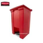 Rubbermaid janitorial trash bin, durable waste receptacle for commercial cleaning and hygiene, red color, ideal for offices, schools, and hospitality sanitation needs.