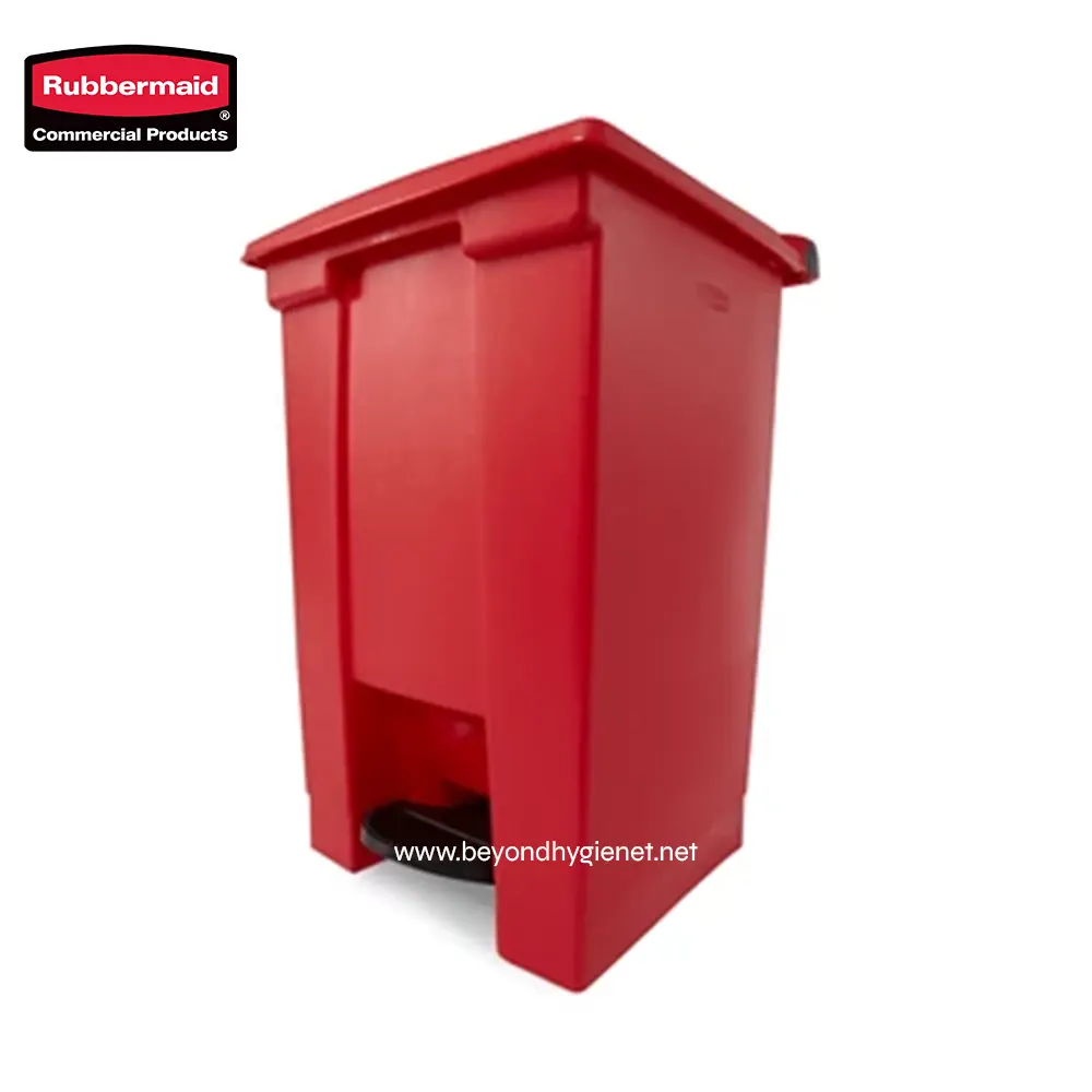 3 Rubbermaid janitorial trash bin, durable waste receptacle for commercial cleaning and hygiene, red color, ideal for offices, schools, and hospitality sanitation needs.