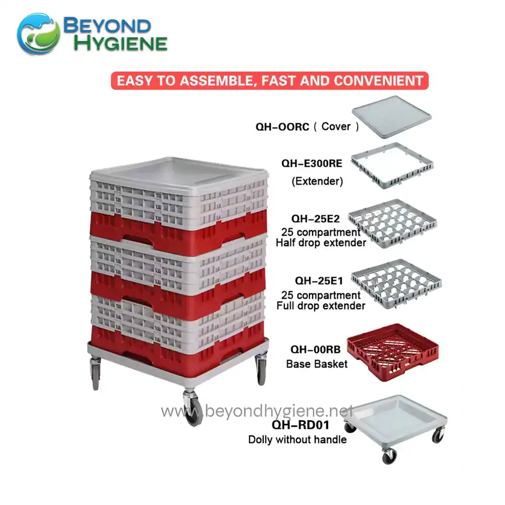 36 Compartment Full and Half 5 Stacked mobile dish rack system with various trays and baskets for efficient kitchen or restaurant dish storage and organization.
