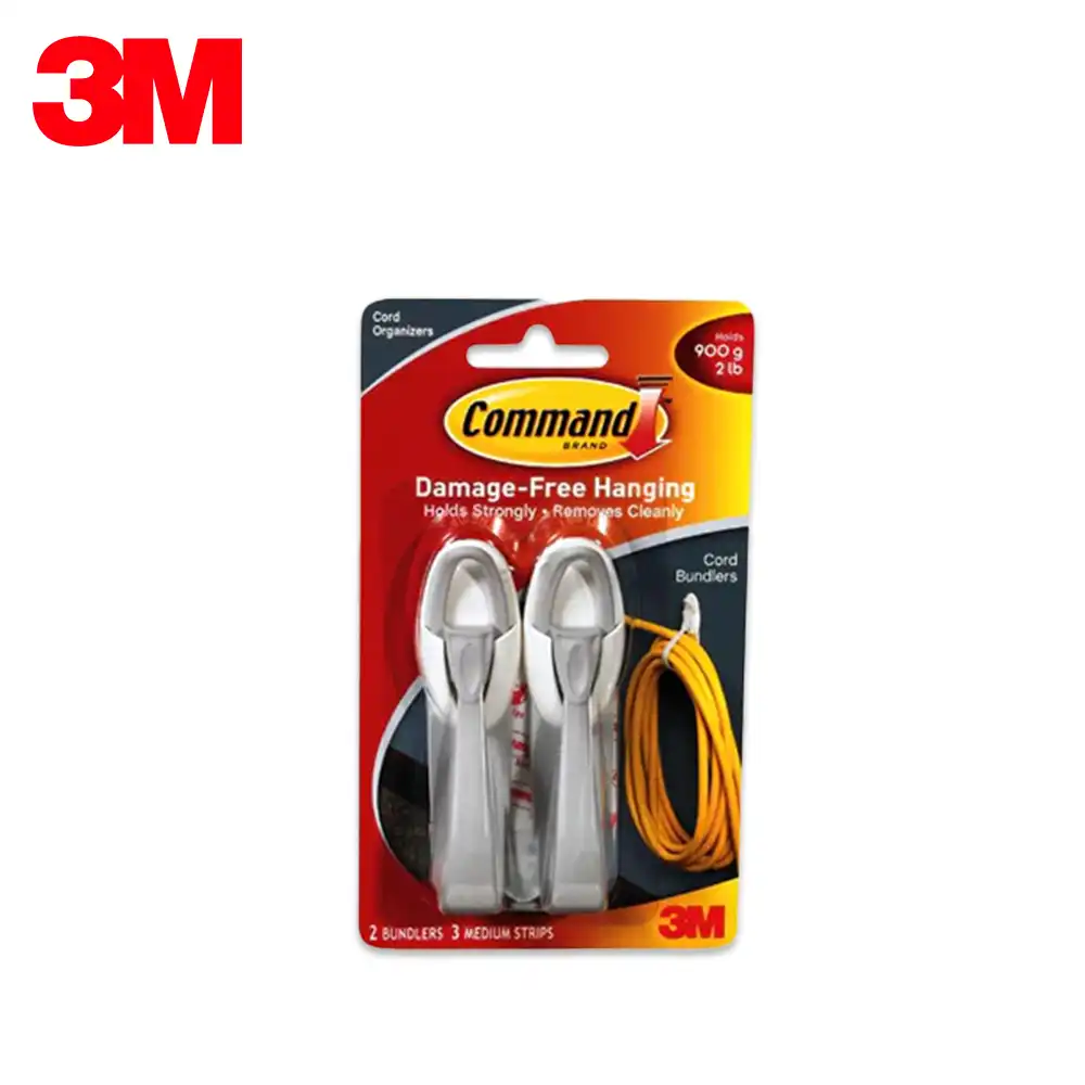 Command brand damage-free cable organizers and cord bundlers for professional and household use, holds cords securely, easy to remove, and prevents damage. Perfect for managing cables cleanly.