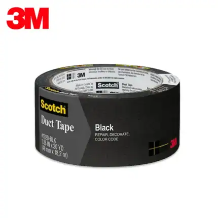 Duct tape roll by Scotch in black color, ideal for repair, decoration, and color coding, available in 20 yards length, perfect for home and industrial use.