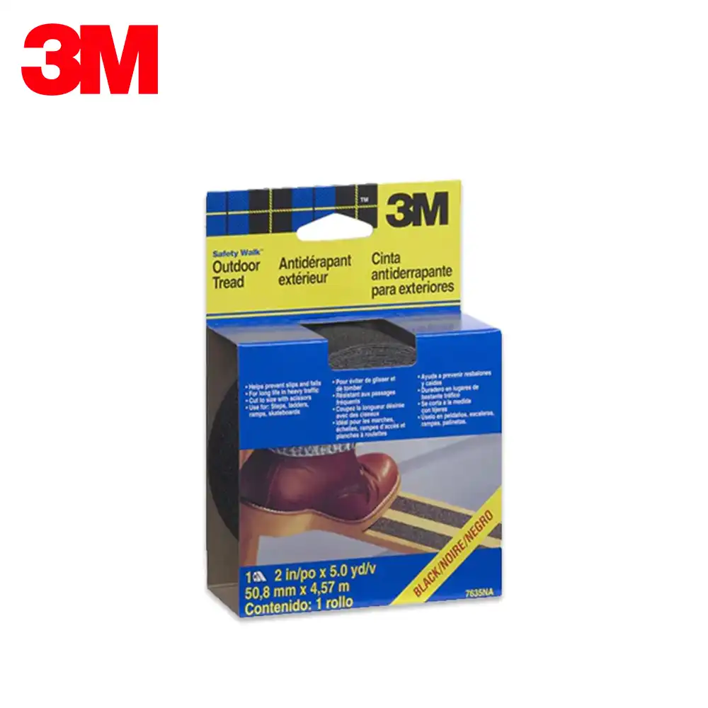 3M outdoor anti-slip tape for exterior surfaces, ideal for preventing slips on outdoor stairs, decks, and ramps, promoting safety in various environments.