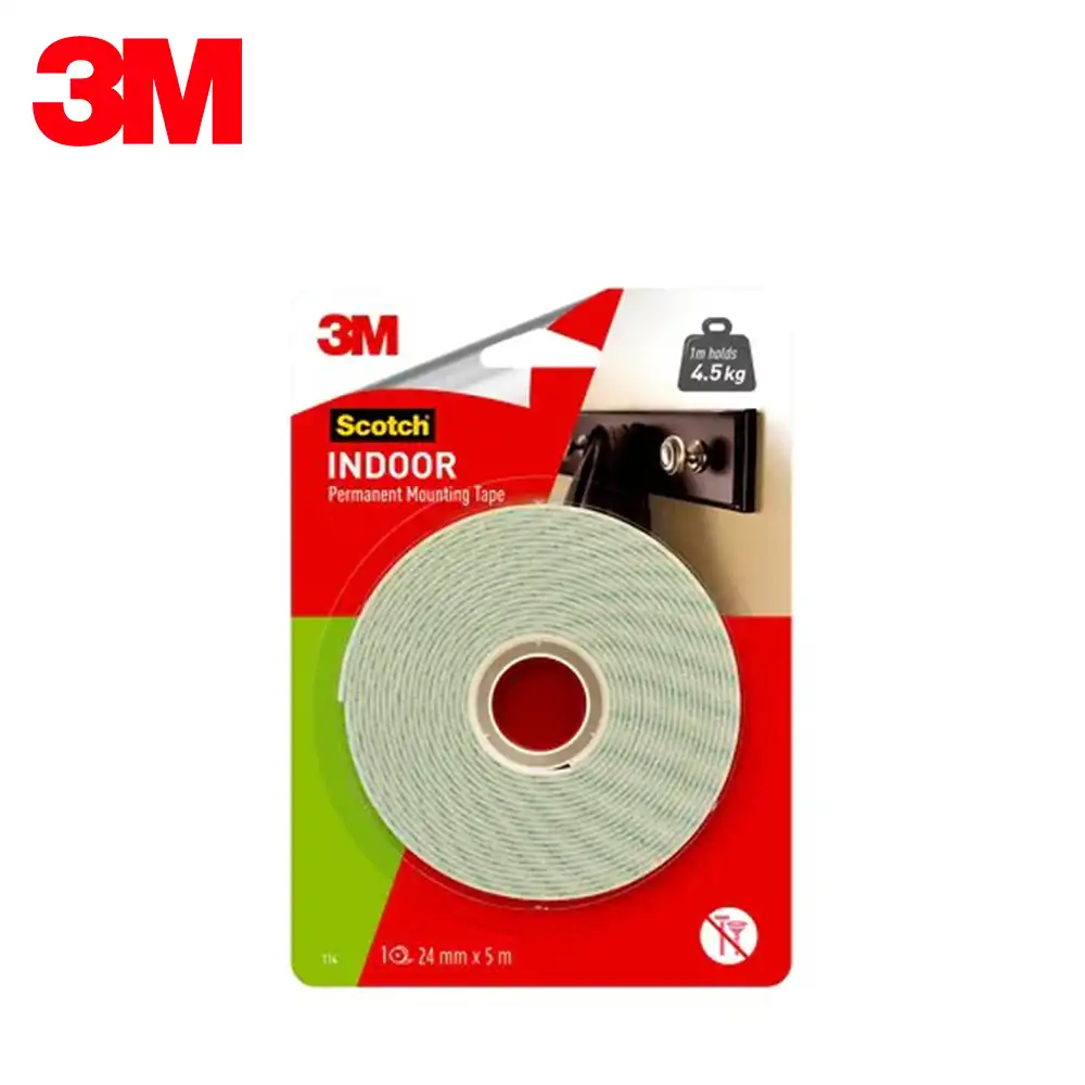 Scotch Indoor Permanent Mounting Tape for easy wall mounting, strong adhesive, ideal for home or office use, compact 24mm x 5m roll.