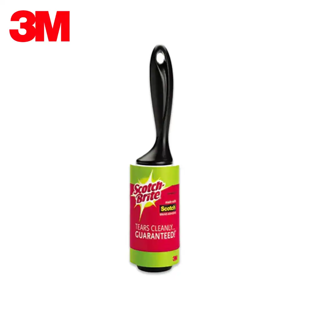 Scotch brite scrub brush with handle for cleaning and disinfecting surfaces, ideal for commercial and residential hygiene purposes.