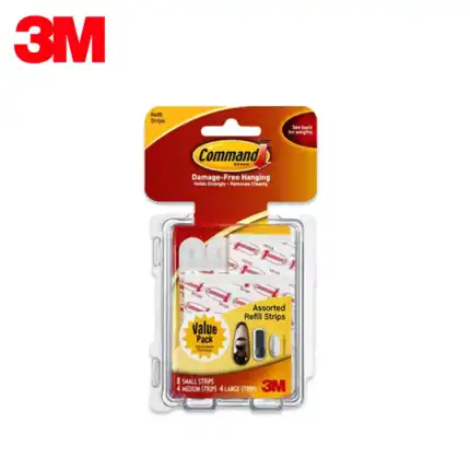 Refill strips for Command damage-free hanging hooks, ideal for organizing spaces and maintaining cleanliness with strong hold and easy removal.