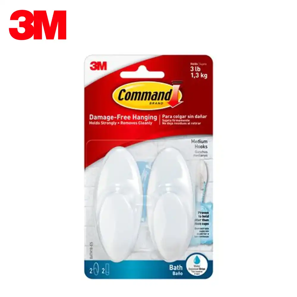 3M Command Bath Medium Hooks 2-PC 3M Command Damage-Free Hanging Hooks for bathroom organization, water-resistant and strong adhesive hooks, ideal for damage-free wall mounting in bathroom and home settings.