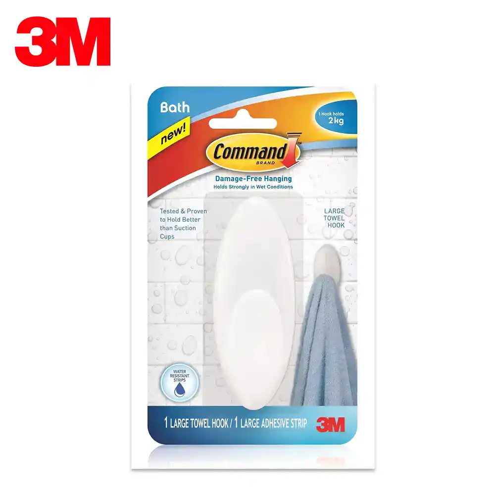 3M Command Large Towel Hook and Adhesive Strip for Bathroom, Damage-Free Hanging, Water-Resistant Strips, Perfect for Wet Conditions, Easy to Install, Reusable, Strong Hold, Ideal for Home Organization, Beyond Hygiene Asia, 2023.