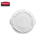 Rubbermaid white plastic lid for cleaning supplies or trash bins, durable and versatile, suitable for commercial hygiene and sanitation applications, ideal for hygiene management in various settings.