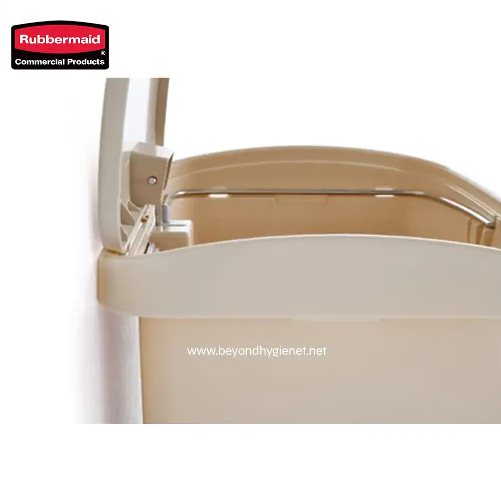 4 Rubbermaid commercial bathroom hamper, beige, with lid and handle, designed for hygienic and practical waste disposal in commercial bathroom settings.