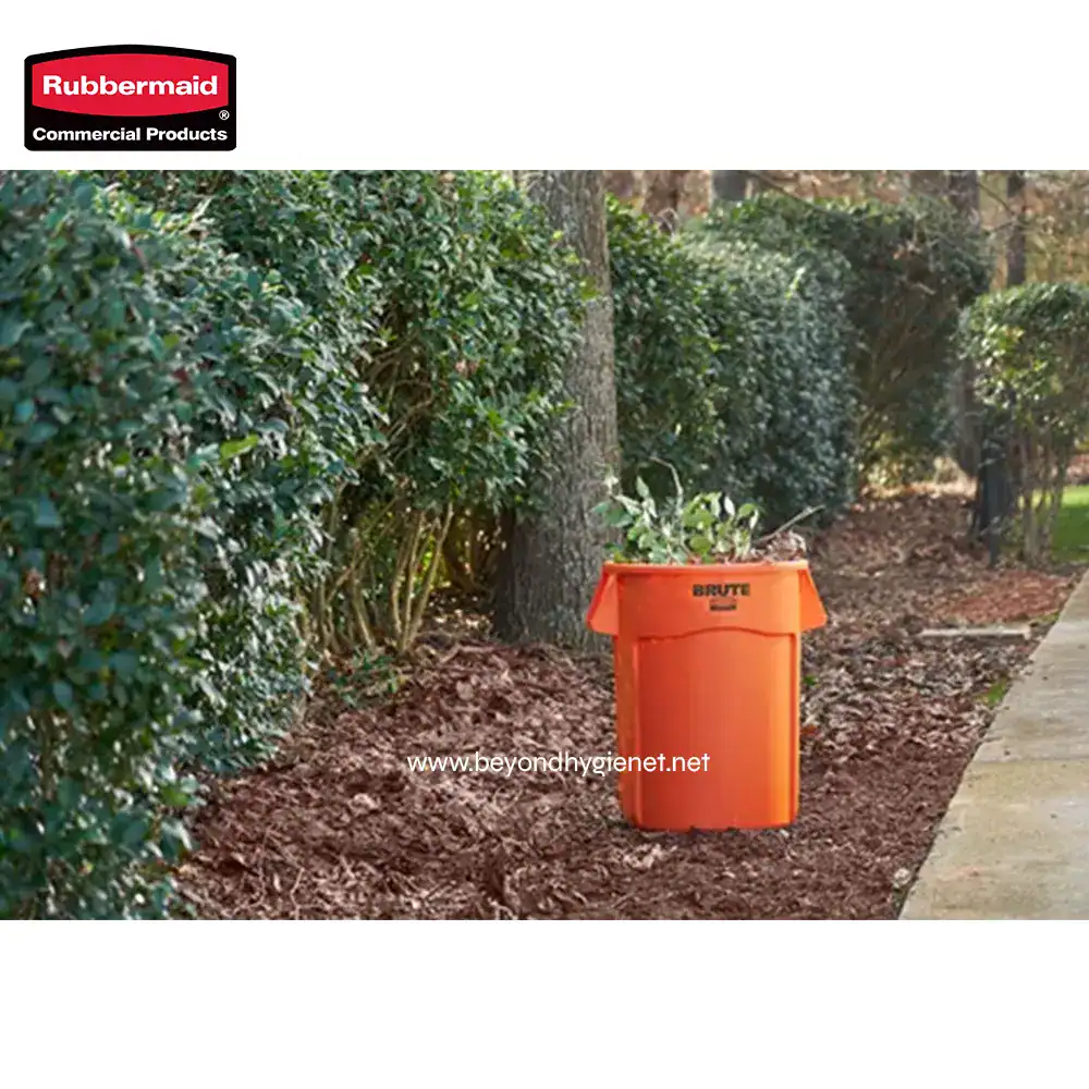 4 Flexible durable orange waste bin for outdoor plant debris collection at commercial and residential properties. Ideal for garden cleanup using Rubbermaid commercial trash containers.