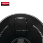 Rubbermaid commercial trash bin lid, durable black plastic, hygienic waste disposal for office or public spaces, essential for hygiene and cleanliness in commercial environments.