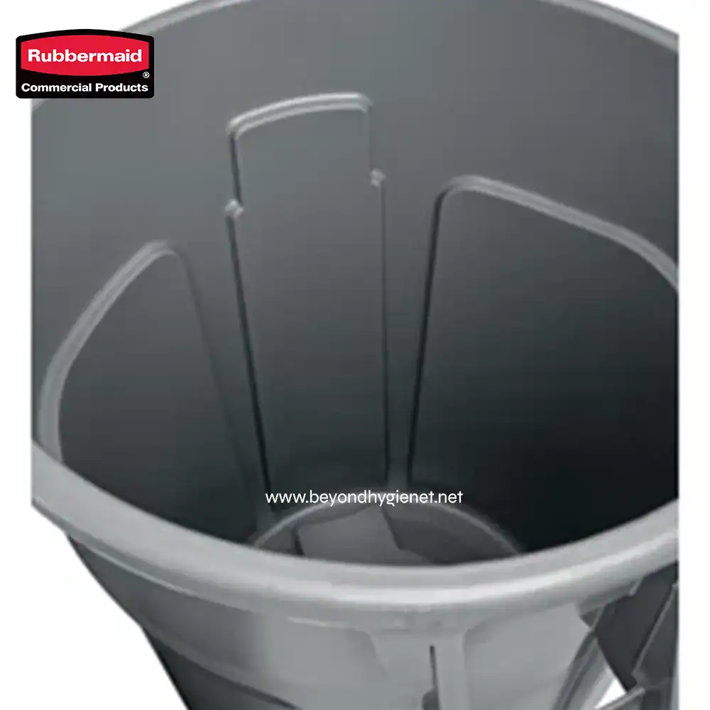 4 Rubbermaid commercial waste bin with sleek black design, ideal for hygienic waste disposal in professional settings, promoting hygiene and cleanliness.