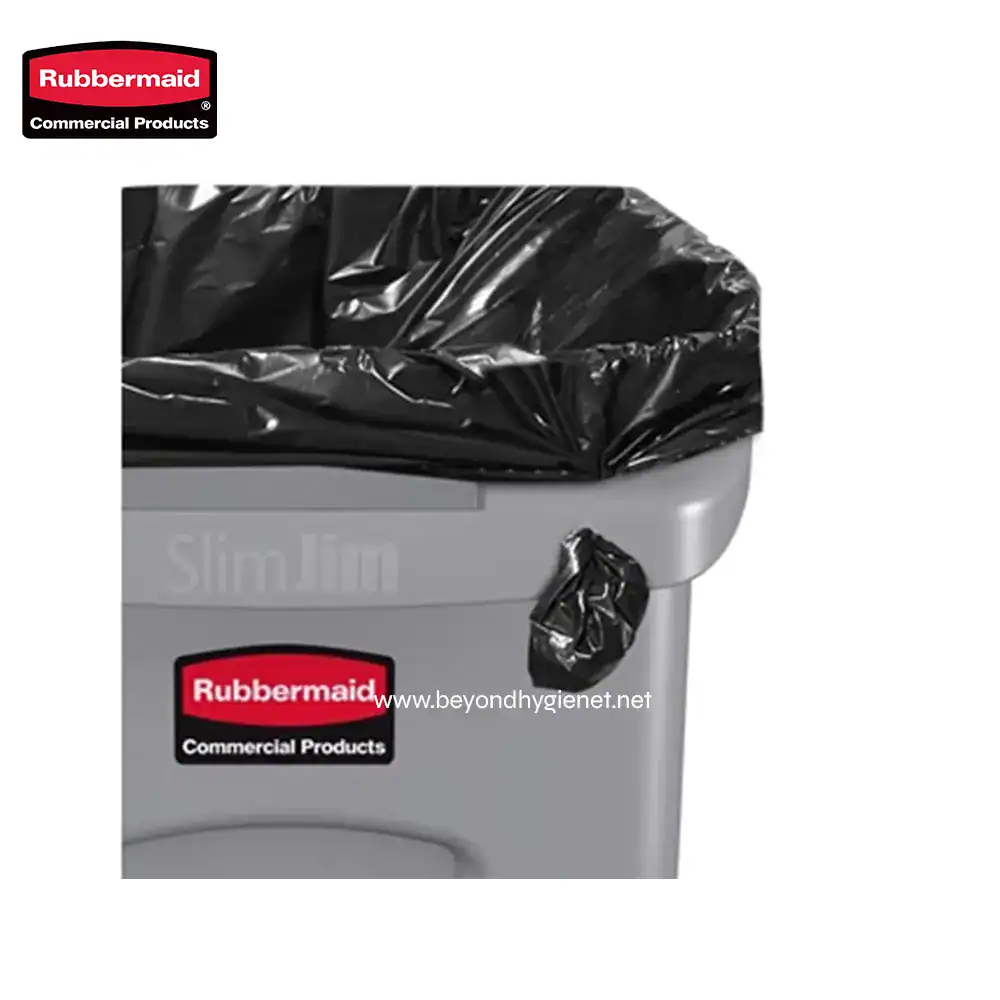 4 Rubbermaid trash can liner bag for commercial sanitation and waste management.