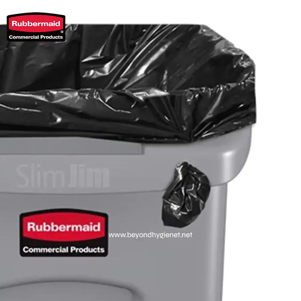 4 Disposable rubber trash bag liner for commercial waste management, fitted on Slim Jim trash cans at Beyond Hygiene Asia. Durable, leak-proof, ideal for hygienic waste disposal in healthcare, hospitality, and industrial settings.
