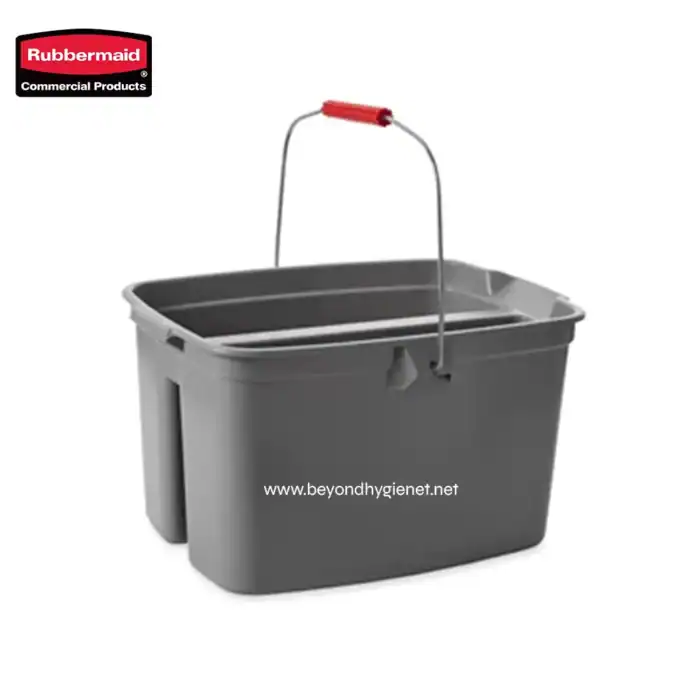 Rubbermaid gray mop bucket with wringer and handle, commercial hygiene cleaning equipment for professional sanitation.
