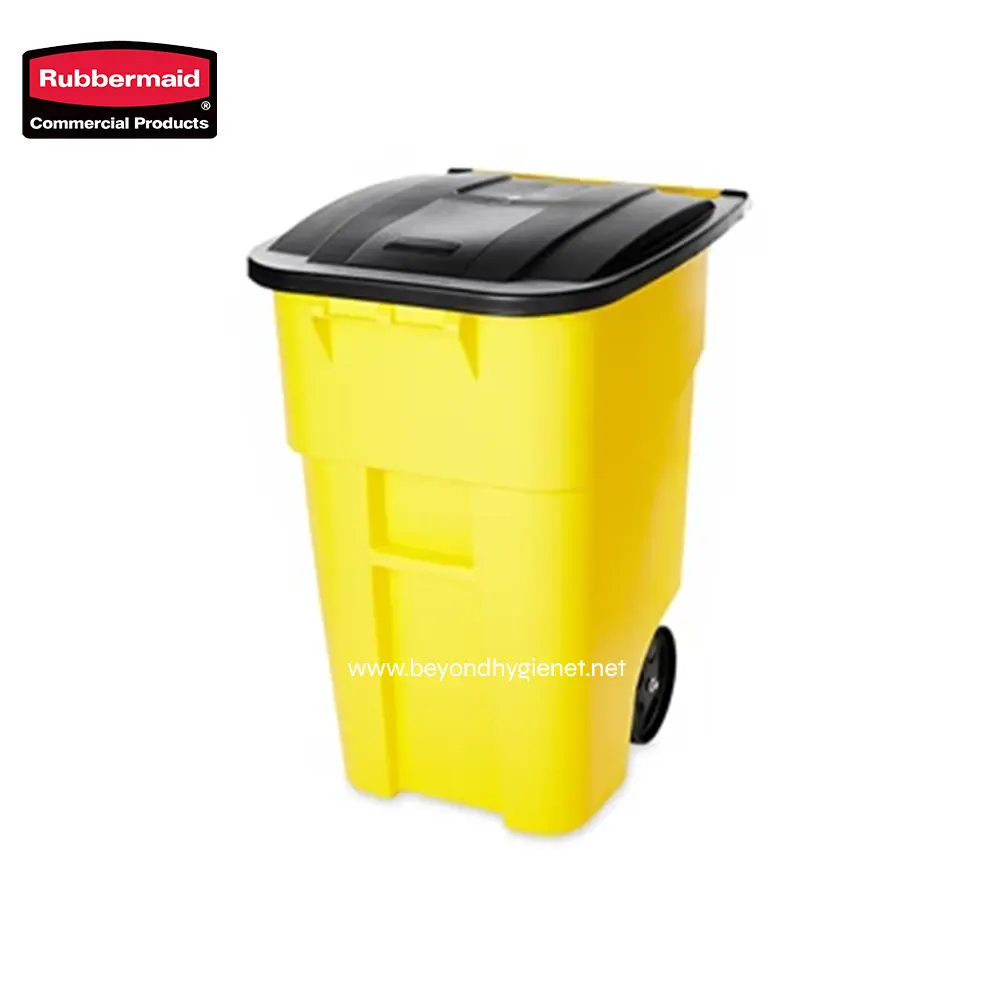 4 Rubbermaid yellow commercial waste bin with black lid for waste management and sanitation solutions in Asia.