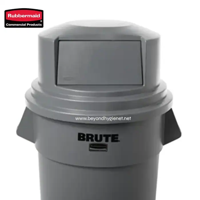 Rubbermaid Brute trash disposal container, commercial waste bin with secure lid for sanitation, durable sanitation equipment for industrial and public hygiene environments.
