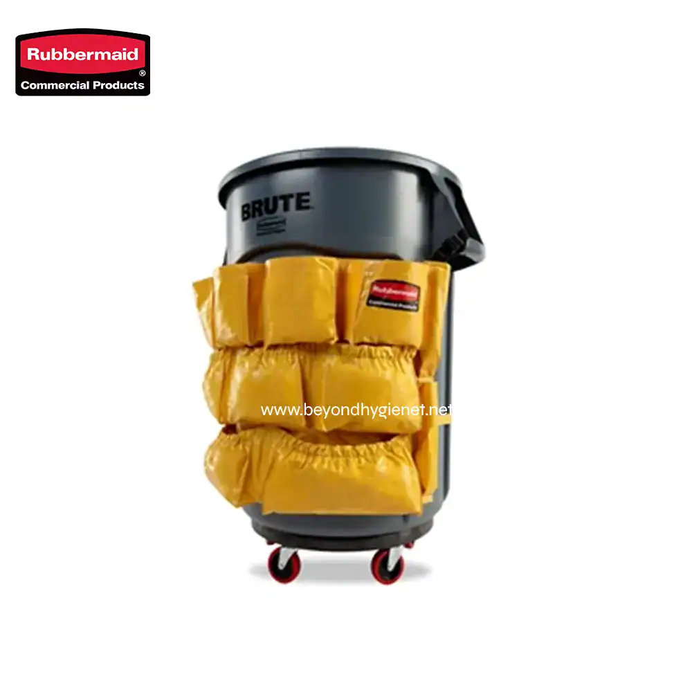 4 Rubbermaid Brute trash storm drum with yellow protective bag, commercial waste container, durable sanitation storage solution for industrial cleaning.