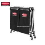Rubbermaid commercial cleaning cart with black compartments, durable wheels, and easy mobility, perfect for sanitation and hygiene professionals.