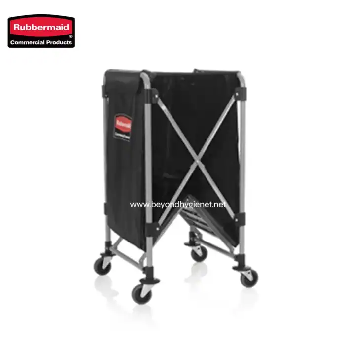 Rubbermaid commercial laundry cart, foldable and mobile for efficient linen and laundry management in commercial settings.