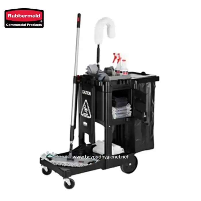 Industrial cleaning cart with cleaning supplies, mops, and disinfectants, ideal for commercial and hygiene services in Asia. Durable, mobile, and organized for professional cleaning environments.