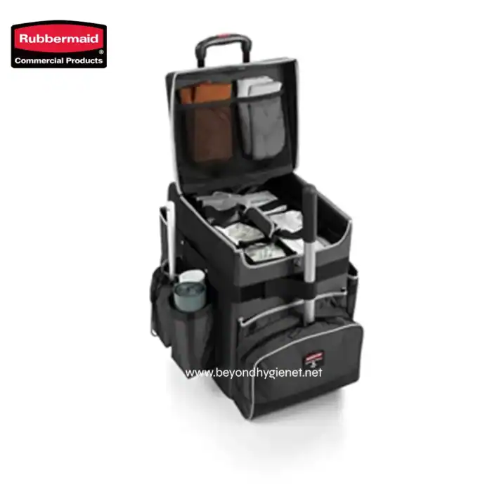 Rubbermaid cleaning and sanitizing cart with compartments for supplies, perfect for commercial cleaning services in Asia.