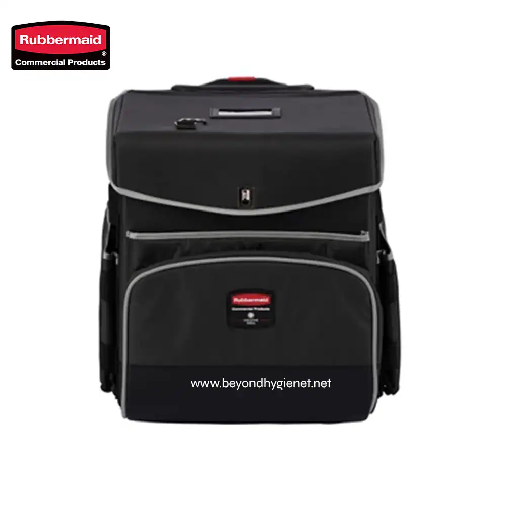 4 Rubbermaid commercial cleaning cart for efficient janitorial service and hygiene management.