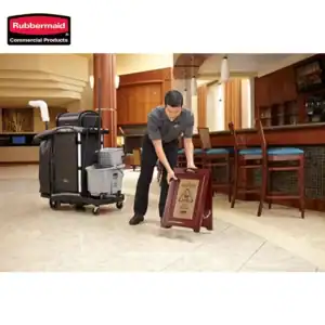 Disinfection staff cleaning hotel lobby floor with caution sign and cleaning equipment, professional hygiene services, commercial cleaning, beyond hygiene Asia, cleanliness and sanitation in hospitality industry.