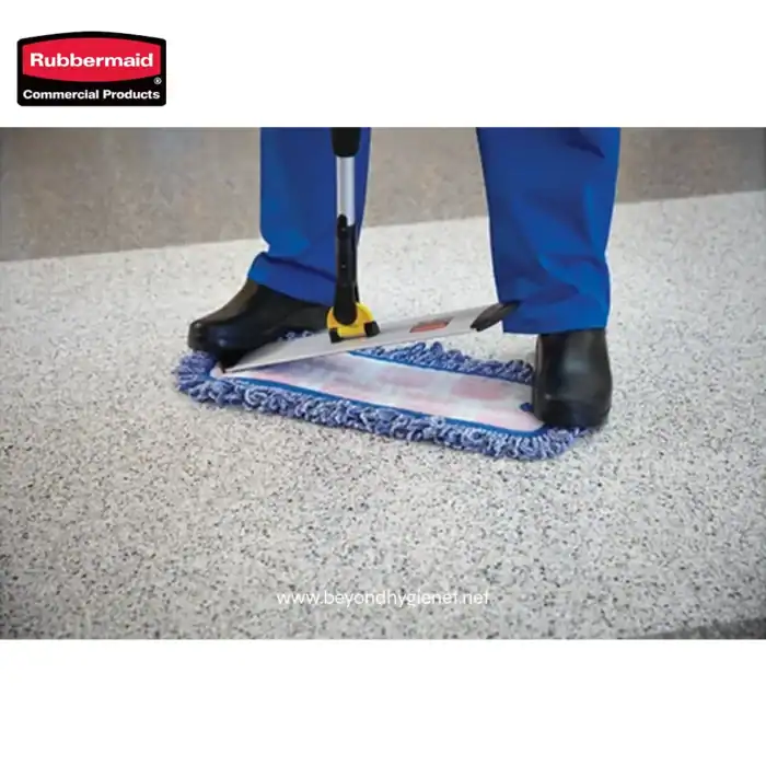 Microfiber floor cleaning mop being used on commercial carpet, janitorial cleaning equipment, professional cleaning tools, beyond hygiene asia.