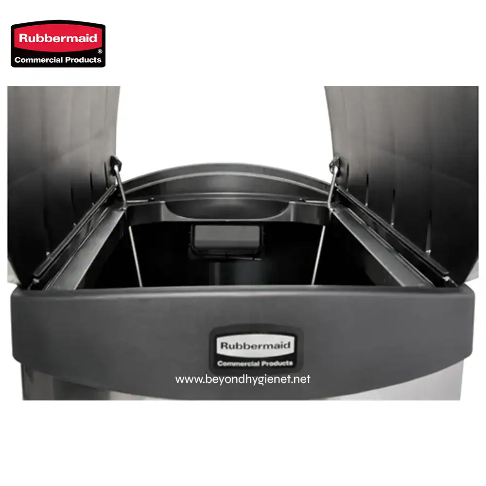 4 Rubbermaid commercial deep freezer with open lid, stainless steel construction, suitable for food storage and commercial kitchen use.