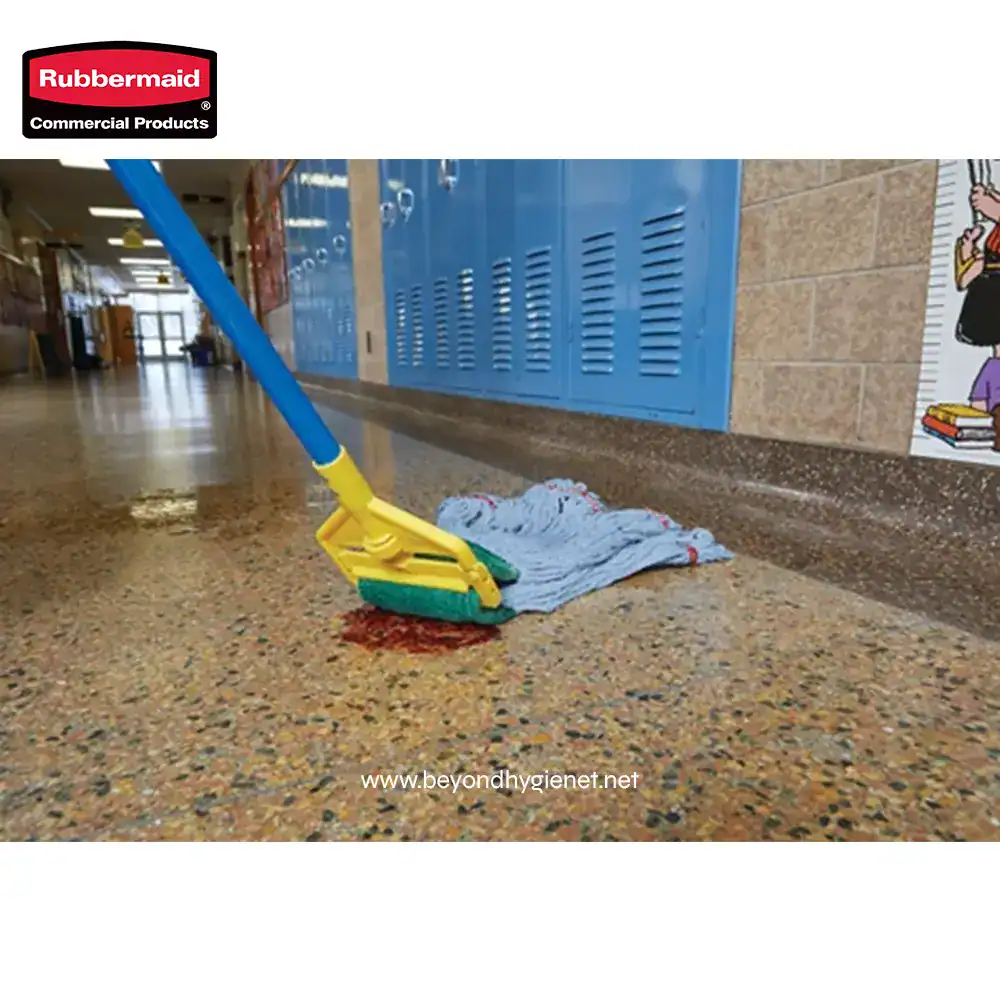 4 Mop cleaning spill on school hallway floor, blue lockers in background, janitorial supplies, commercial cleaning, Beyond Hygiene Asia.