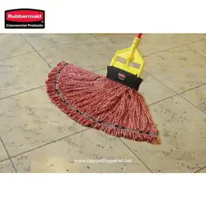 Microfiber floor mop with yellow handle and red microfiber pad for commercial floor cleaning, ideal for hygienic environments.