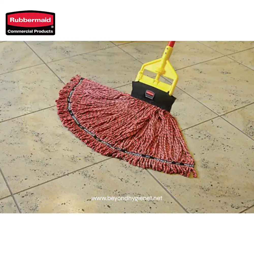 4 Microfiber floor mop with yellow handle and red microfiber pad for commercial floor cleaning, ideal for hygienic environments.