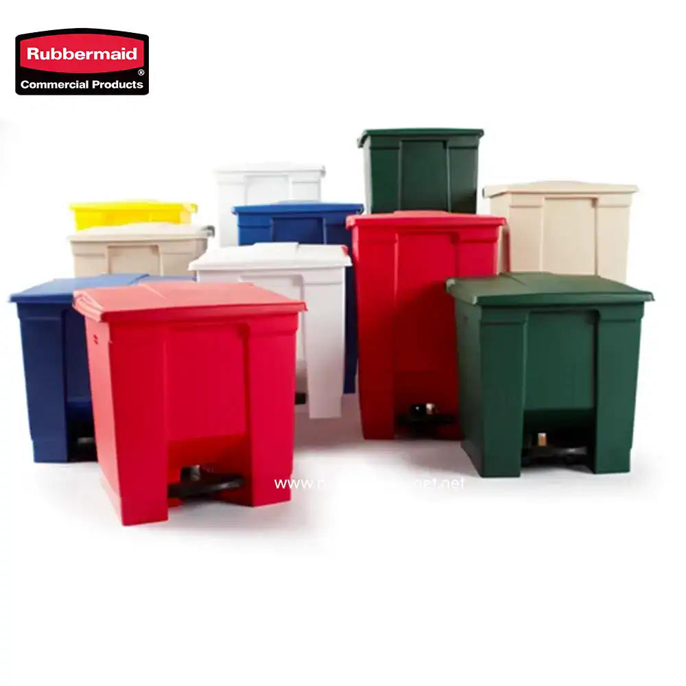 4 Rubbermaid commercial trash bins in multiple colors for waste management and sanitation solutions.