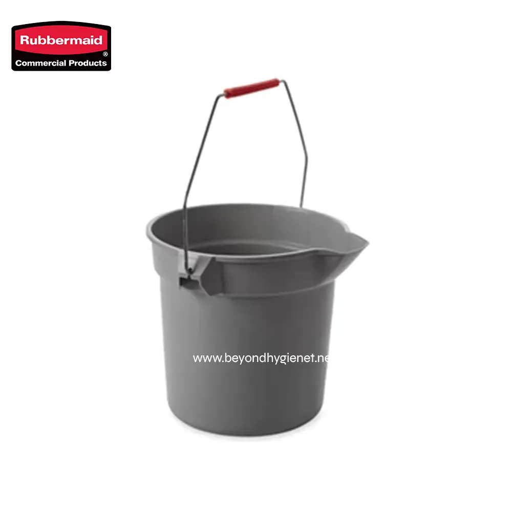 Rubbermaid grey cleaning bucket with handle for janitorial and commercial use.